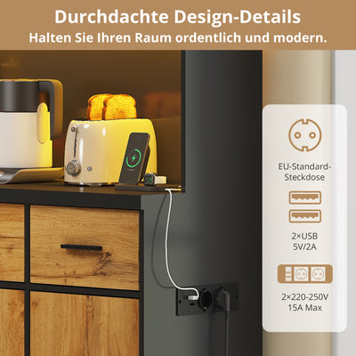 Buffet Multifonctionnel 180cm Noir et Naturel avec Éclairage LED, Prises USB et Rangement Optimisé XOK