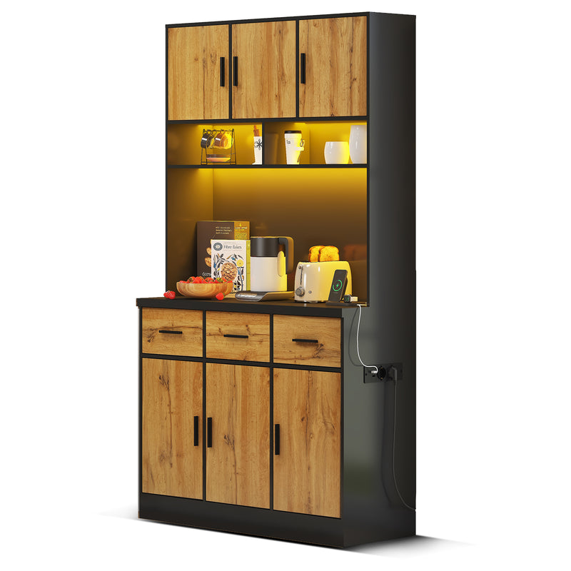 Buffet Multifonctionnel 180cm Noir et Naturel avec Éclairage LED, Prises USB et Rangement Optimisé XOK