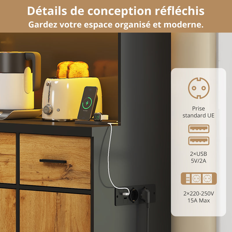 Buffet Multifonctionnel 180cm Noir et Naturel avec Éclairage LED, Prises USB et Rangement Optimisé XOK
