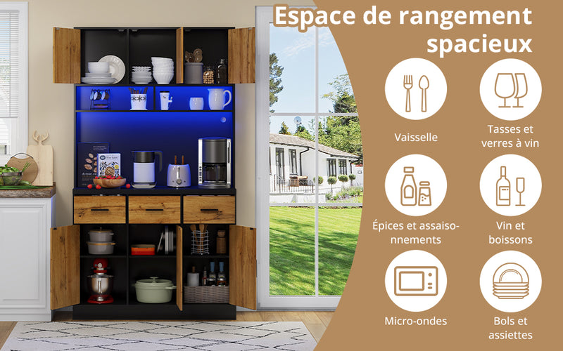 Buffet Multifonctionnel 180cm Noir et Naturel avec Éclairage LED, Prises USB et Rangement Optimisé XOK