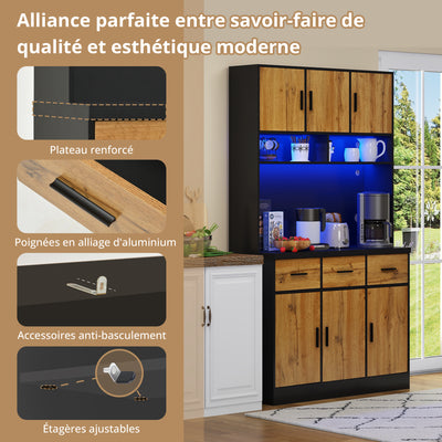 Buffet Multifonctionnel 180cm Noir et Naturel avec Éclairage LED, Prises USB et Rangement Optimisé XOK