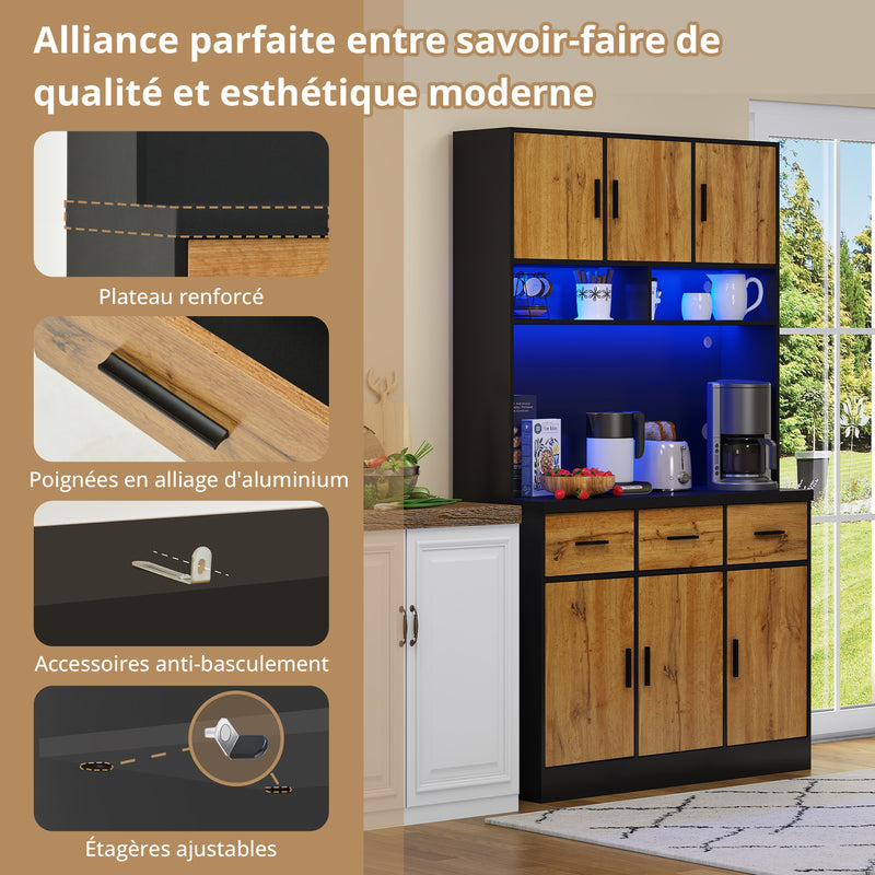 Buffet Multifonctionnel 180cm Noir et Naturel avec Éclairage LED, Prises USB et Rangement Optimisé XOK