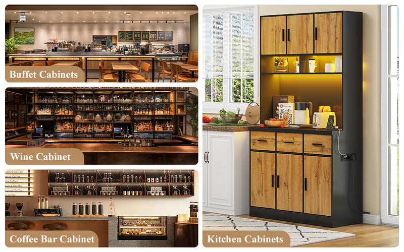 Buffet Multifonctionnel 180cm Noir et Naturel avec Éclairage LED, Prises USB et Rangement Optimisé XOK