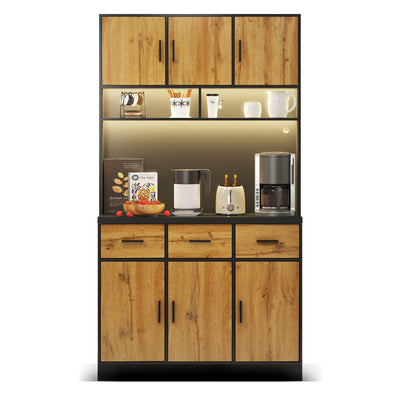 Buffet Multifonctionnel 180cm Noir et Naturel avec Éclairage LED, Prises USB et Rangement Optimisé XOK