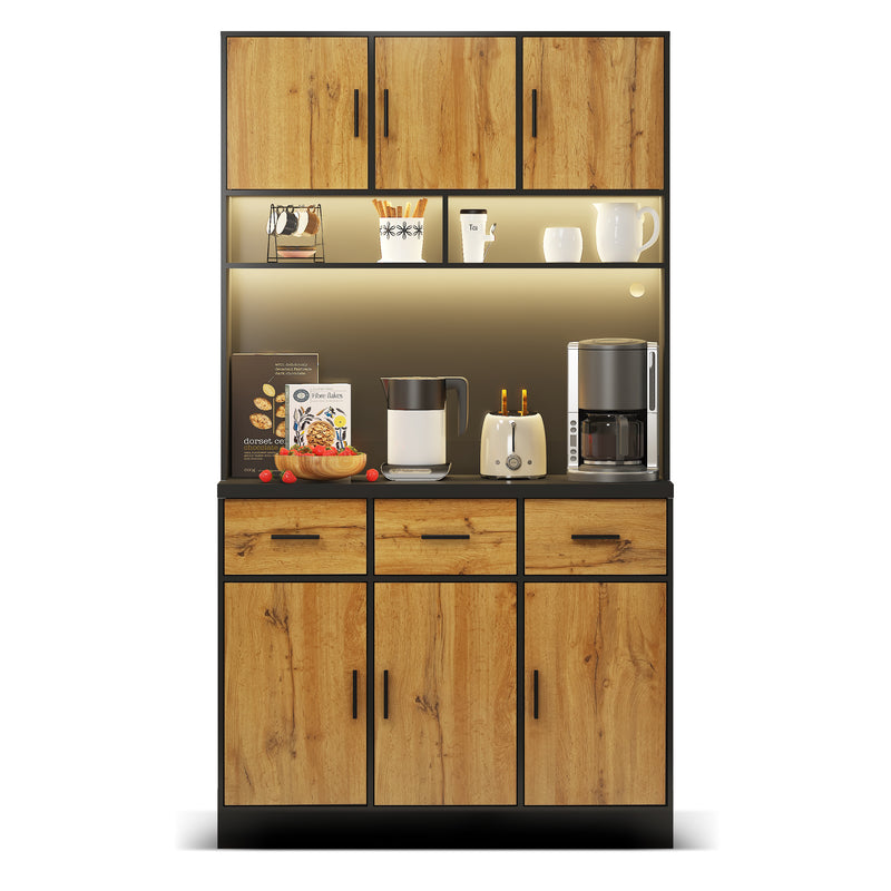 Buffet Multifonctionnel 180cm Noir et Naturel avec Éclairage LED, Prises USB et Rangement Optimisé XOK
