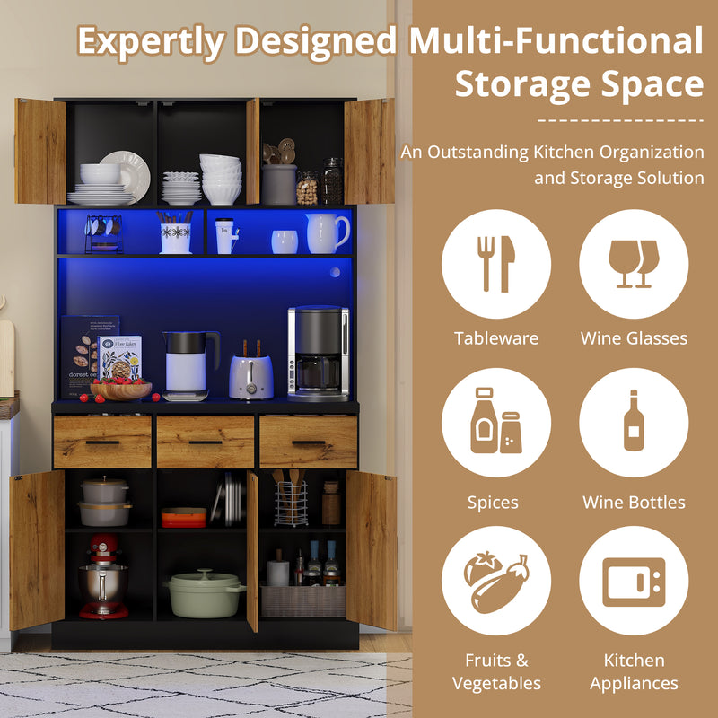 Buffet Multifonctionnel 180cm Noir et Naturel avec Éclairage LED, Prises USB et Rangement Optimisé XOK