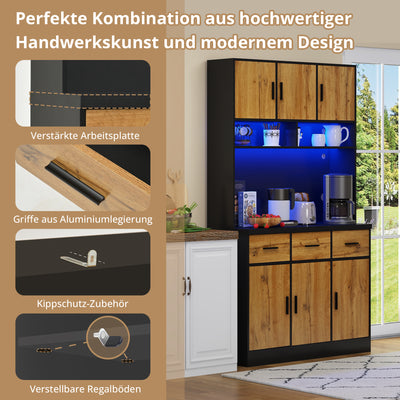 Buffet Multifonctionnel 180cm Noir et Naturel avec Éclairage LED, Prises USB et Rangement Optimisé XOK