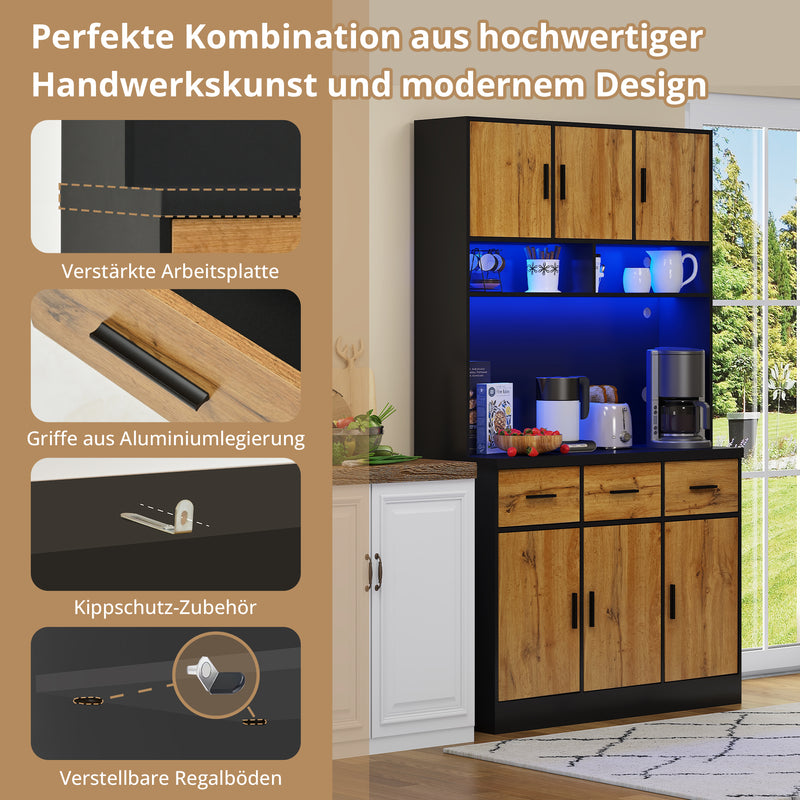 Buffet Multifonctionnel 180cm Noir et Naturel avec Éclairage LED, Prises USB et Rangement Optimisé XOK