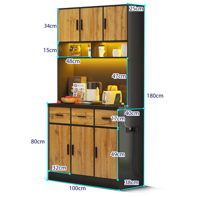 Buffet Multifonctionnel 180cm Noir et Naturel avec Éclairage LED, Prises USB et Rangement Optimisé XOK