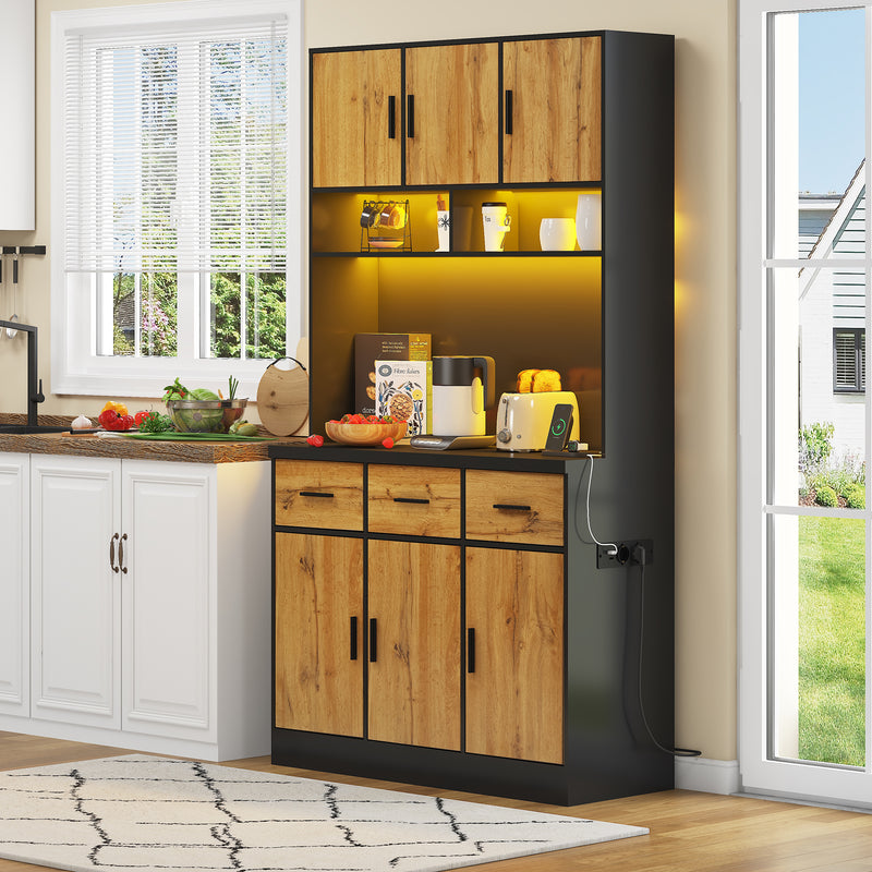 Buffet Multifonctionnel 180cm Noir et Naturel avec Éclairage LED, Prises USB et Rangement Optimisé XOK