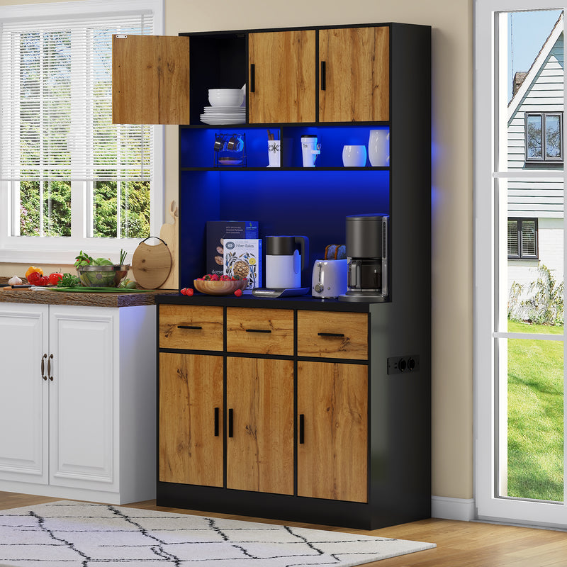 Buffet Multifonctionnel 180cm Noir et Naturel avec Éclairage LED, Prises USB et Rangement Optimisé XOK