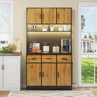Buffet Multifonctionnel 180cm Noir et Naturel avec Éclairage LED, Prises USB et Rangement Optimisé XOK