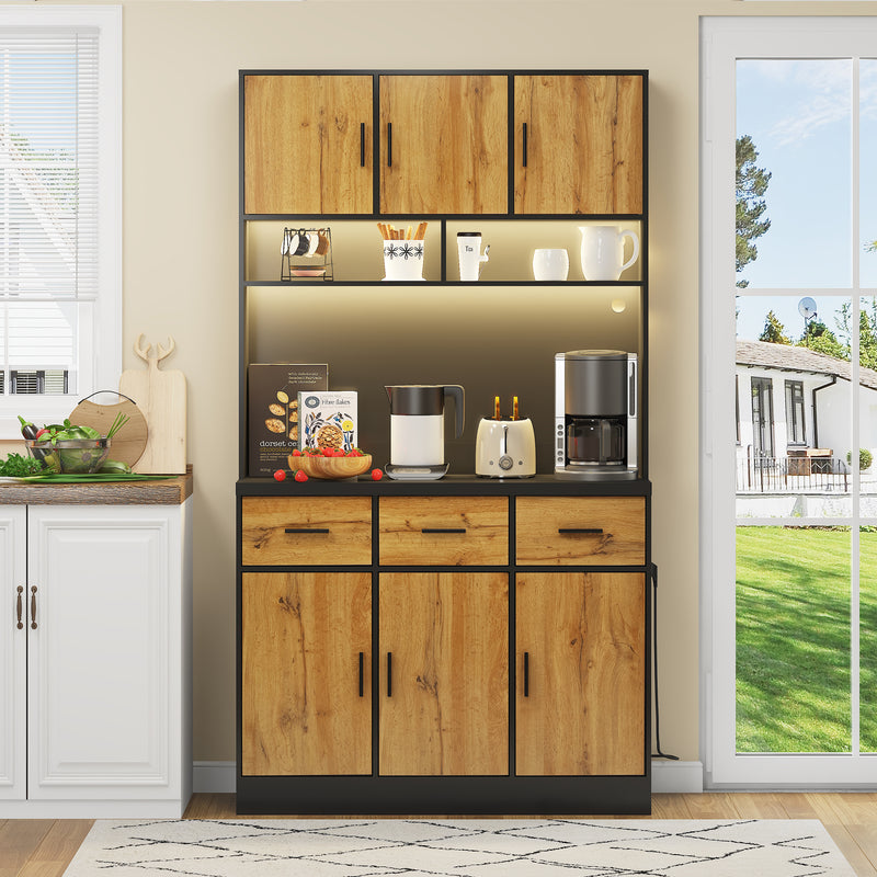 Buffet Multifonctionnel 180cm Noir et Naturel avec Éclairage LED, Prises USB et Rangement Optimisé XOK