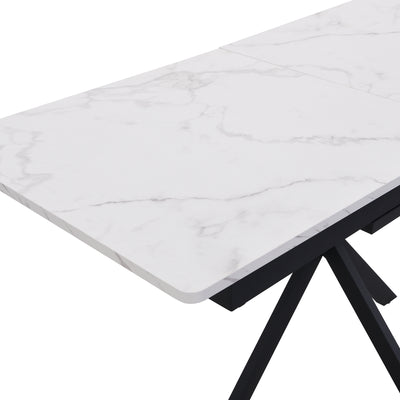 Table de Salle à Manger Extensible Noir et Blanc Effet Marbre avec Piètement Croisé (MDF/Métal) XUCZA