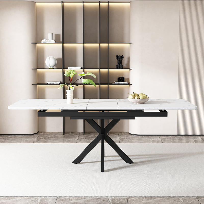 Table de Salle à Manger Extensible Noir et Blanc Effet Marbre avec Piètement Croisé (MDF/Métal) XUCZA