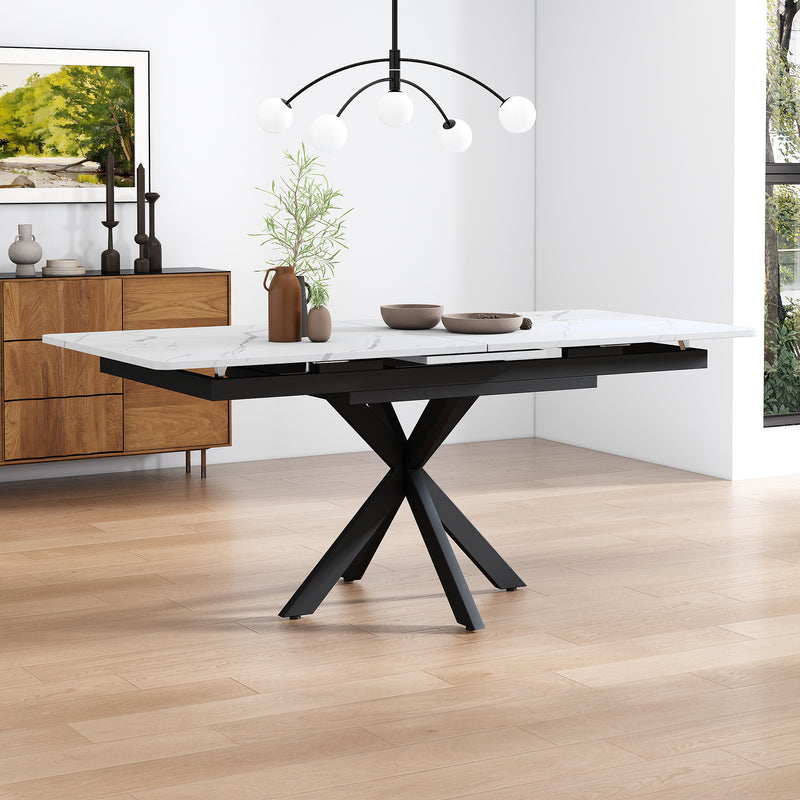 Table de Salle à Manger Extensible Noir et Blanc Effet Marbre avec Piètement Croisé (MDF/Métal) XUCZA