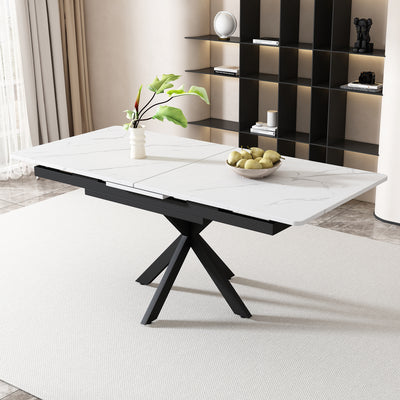 Table de Salle à Manger Extensible Noir et Blanc Effet Marbre avec Piètement Croisé (MDF/Métal) XUCZA