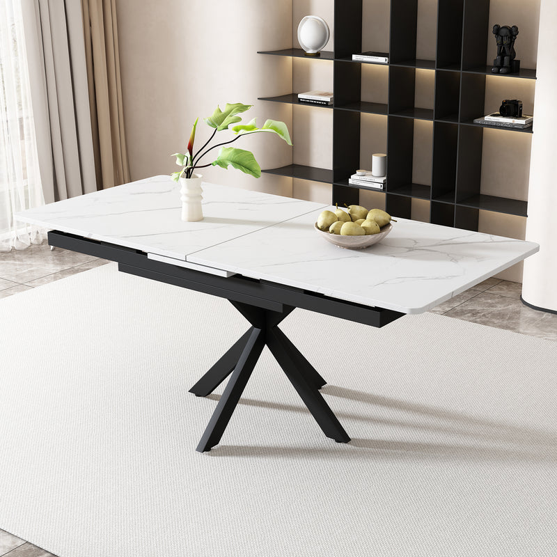 Table de Salle à Manger Extensible Noir et Blanc Effet Marbre avec Piètement Croisé (MDF/Métal) XUCZA