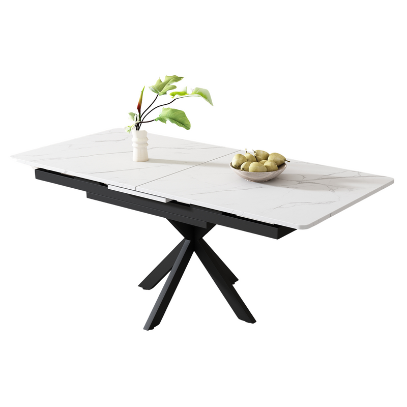 Table de Salle à Manger Extensible Noir et Blanc Effet Marbre avec Piètement Croisé (MDF/Métal) XUCZA