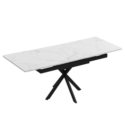 Table de Salle à Manger Extensible Noir et Blanc Effet Marbre avec Piètement Croisé (MDF/Métal) XUCZA