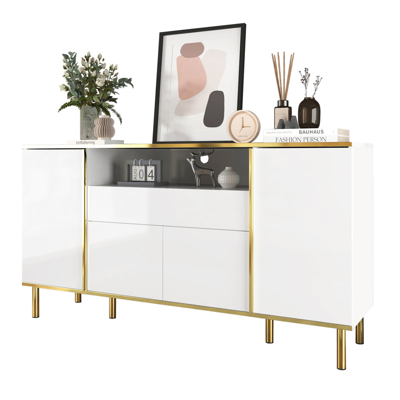 Grand Buffet Blanc Brillant avec Accents Dorés, LED Intégrées et Rangement Multifonctionnel YIRELL WHITE