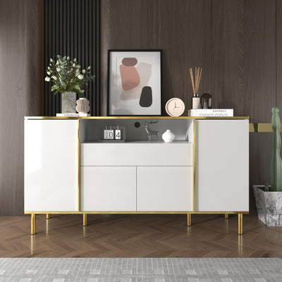 Grand Buffet Blanc Brillant avec Accents Dorés, LED Intégrées et Rangement Multifonctionnel YIRELL WHITE