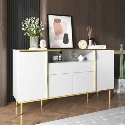 Grand Buffet Blanc Brillant avec Accents Dorés, LED Intégrées et Rangement Multifonctionnel YIRELL WHITE
