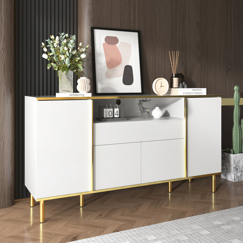 Grand Buffet Blanc Brillant avec Accents Dorés, LED Intégrées et Rangement Multifonctionnel YIRELL WHITE