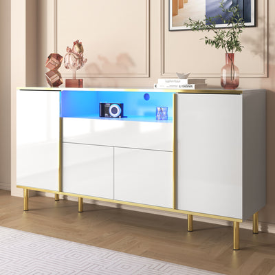 Grand Buffet Blanc Brillant avec Accents Dorés, LED Intégrées et Rangement Multifonctionnel YIRELL WHITE