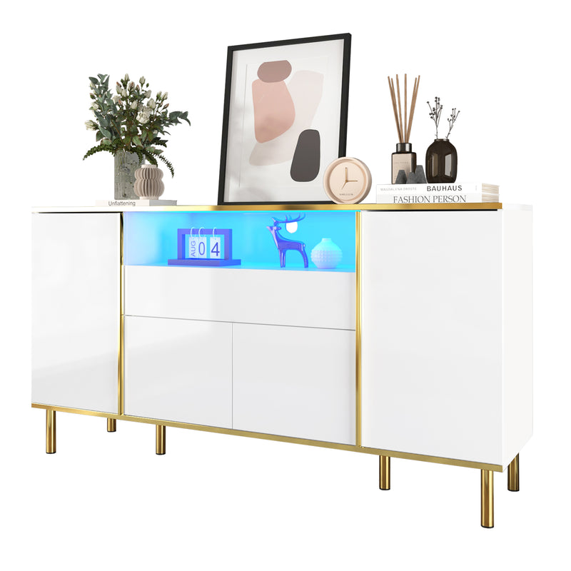 Grand Buffet Blanc Brillant avec Accents Dorés, LED Intégrées et Rangement Multifonctionnel YIRELL WHITE