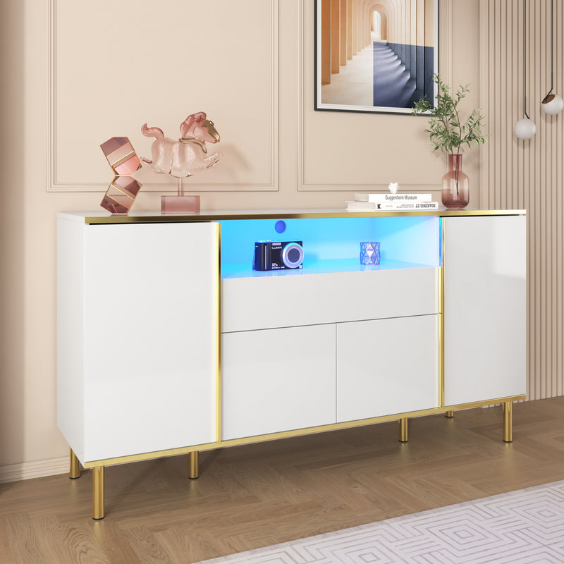 Grand Buffet Blanc Brillant avec Accents Dorés, LED Intégrées et Rangement Multifonctionnel YIRELL WHITE