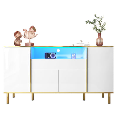 Grand Buffet Blanc Brillant avec Accents Dorés, LED Intégrées et Rangement Multifonctionnel YIRELL WHITE
