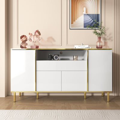 Grand Buffet Blanc Brillant avec Accents Dorés, LED Intégrées et Rangement Multifonctionnel YIRELL WHITE