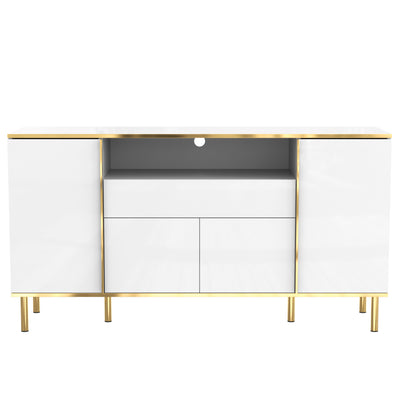 Grand Buffet Blanc Brillant avec Accents Dorés, LED Intégrées et Rangement Multifonctionnel YIRELL WHITE