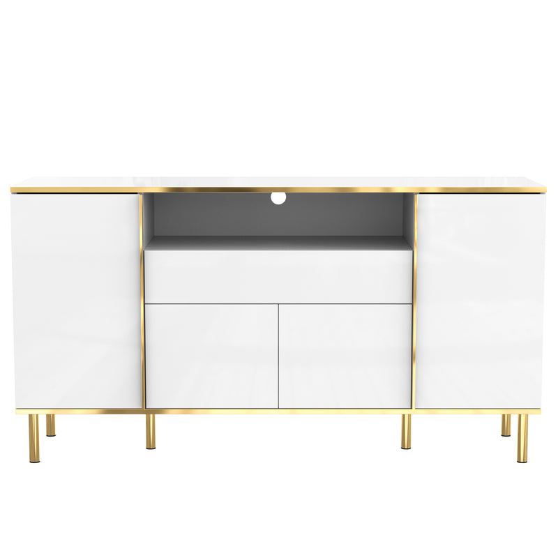 Grand Buffet Blanc Brillant avec Accents Dorés, LED Intégrées et Rangement Multifonctionnel YIRELL WHITE