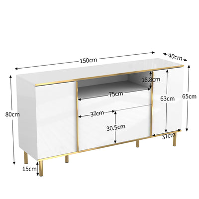Grand Buffet Blanc Brillant avec Accents Dorés, LED Intégrées et Rangement Multifonctionnel YIRELL WHITE