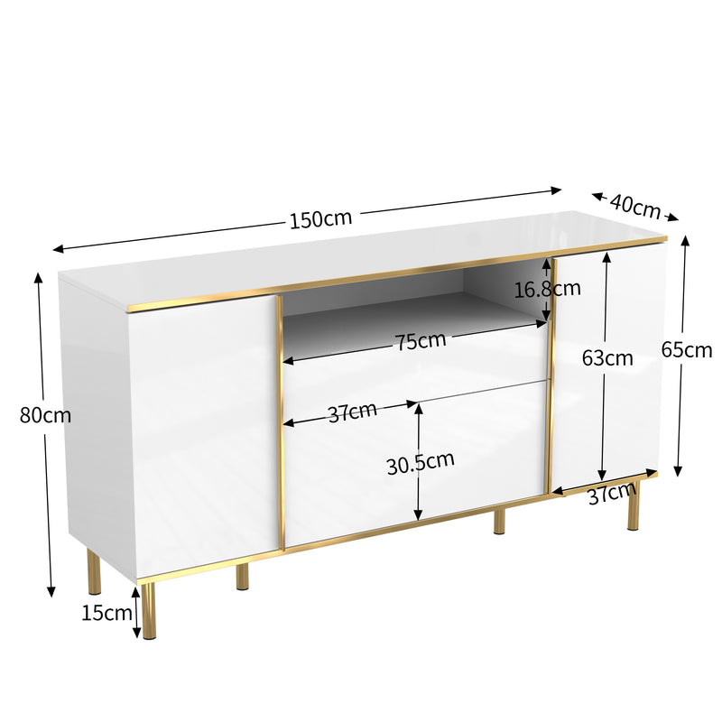 Grand Buffet Blanc Brillant avec Accents Dorés, LED Intégrées et Rangement Multifonctionnel YIRELL WHITE