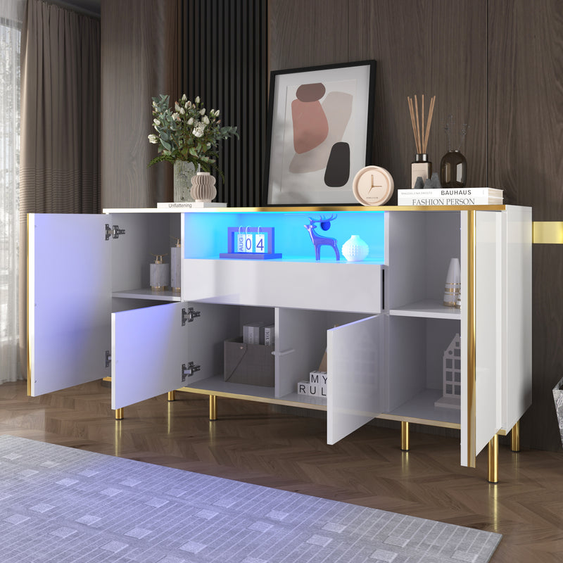 Grand Buffet Blanc Brillant avec Accents Dorés, LED Intégrées et Rangement Multifonctionnel YIRELL WHITE