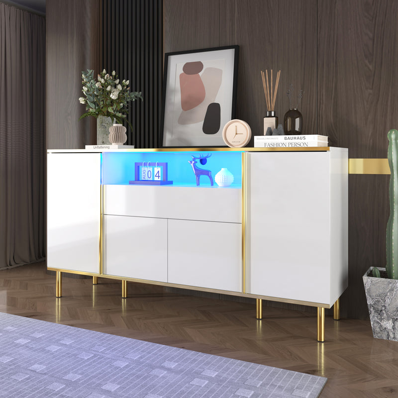 Grand Buffet Blanc Brillant avec Accents Dorés, LED Intégrées et Rangement Multifonctionnel YIRELL WHITE