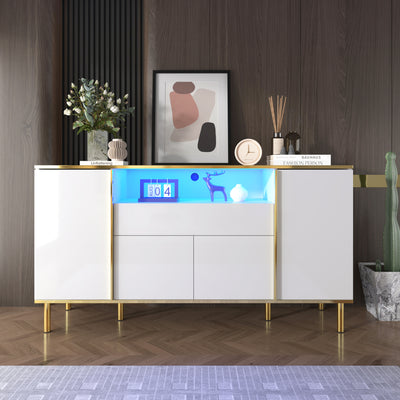 Grand Buffet Blanc Brillant avec Accents Dorés, LED Intégrées et Rangement Multifonctionnel YIRELL WHITE