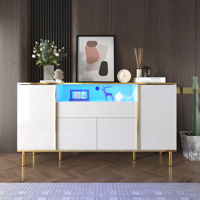 Grand Buffet Blanc Brillant avec Accents Dorés, LED Intégrées et Rangement Multifonctionnel YIRELL WHITE
