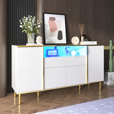 Grand Buffet Blanc Brillant avec Accents Dorés, LED Intégrées et Rangement Multifonctionnel YIRELL WHITE