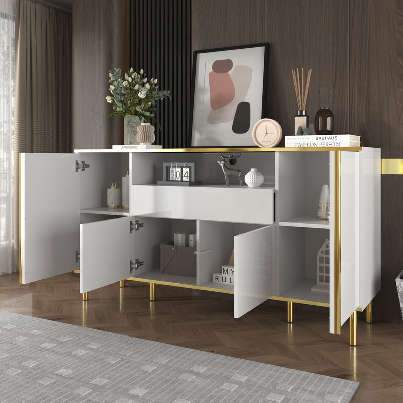 Grand Buffet Blanc Brillant avec Accents Dorés, LED Intégrées et Rangement Multifonctionnel YIRELL WHITE