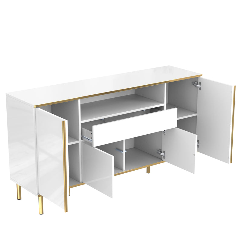 Grand Buffet Blanc Brillant avec Accents Dorés, LED Intégrées et Rangement Multifonctionnel YIRELL WHITE