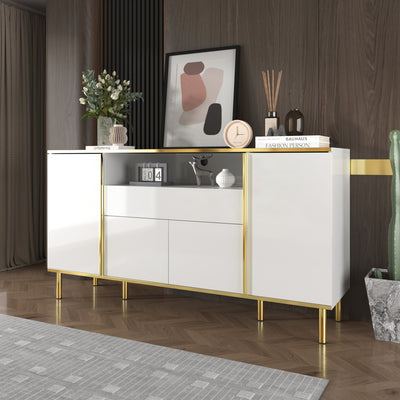 Grand Buffet Blanc Brillant avec Accents Dorés, LED Intégrées et Rangement Multifonctionnel YIRELL WHITE