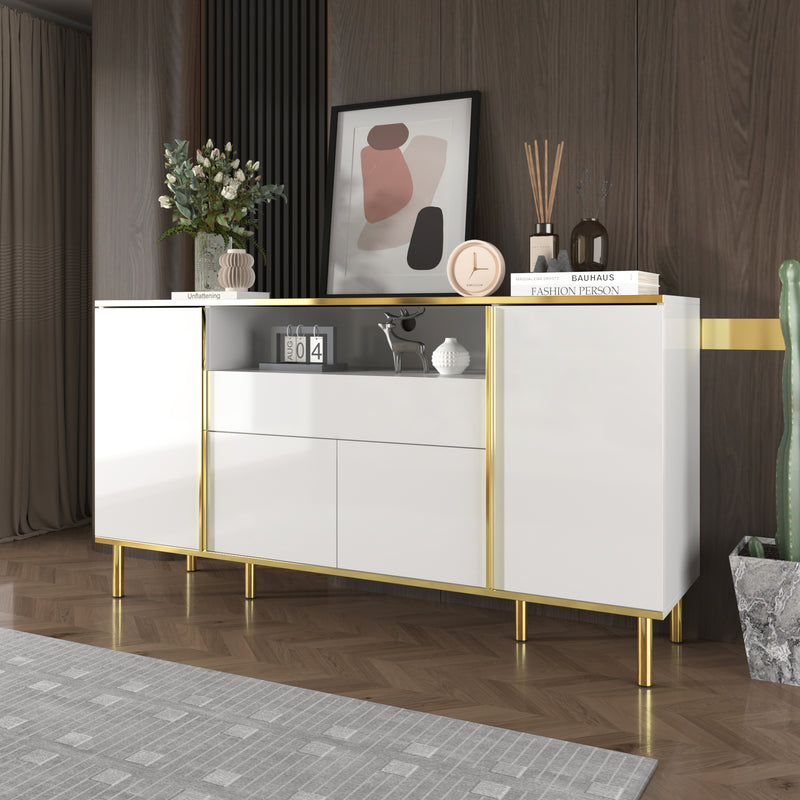 Grand Buffet Blanc Brillant avec Accents Dorés, LED Intégrées et Rangement Multifonctionnel YIRELL WHITE
