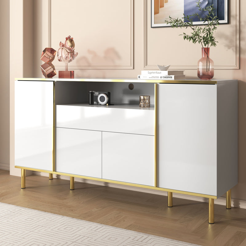 Grand Buffet Blanc Brillant avec Accents Dorés, LED Intégrées et Rangement Multifonctionnel YIRELL WHITE
