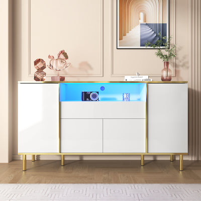 Grand Buffet Blanc Brillant avec Accents Dorés, LED Intégrées et Rangement Multifonctionnel YIRELL WHITE