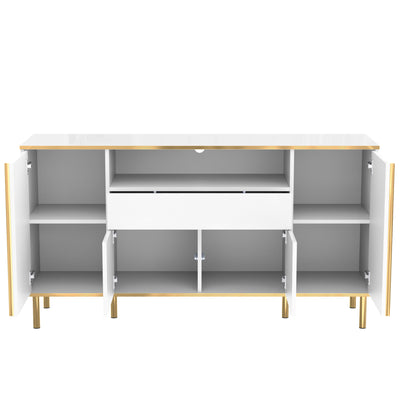 Grand Buffet Blanc Brillant avec Accents Dorés, LED Intégrées et Rangement Multifonctionnel YIRELL WHITE