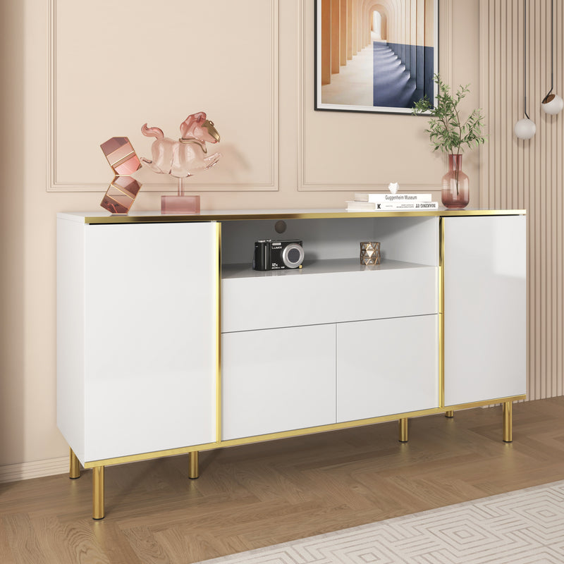 Grand Buffet Blanc Brillant avec Accents Dorés, LED Intégrées et Rangement Multifonctionnel YIRELL WHITE
